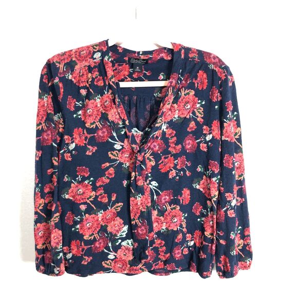 Lucky Brand Top Blouse Blue Floral With Tie Neck Womens Size Medium - Picture 1 of 7